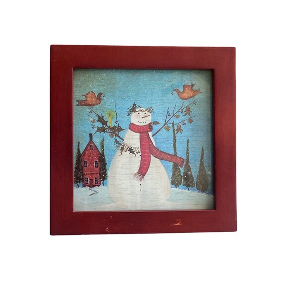 Decorative Snowman Picture Frame With Birds & House Scene In Red Wood - Picture 1 of 4